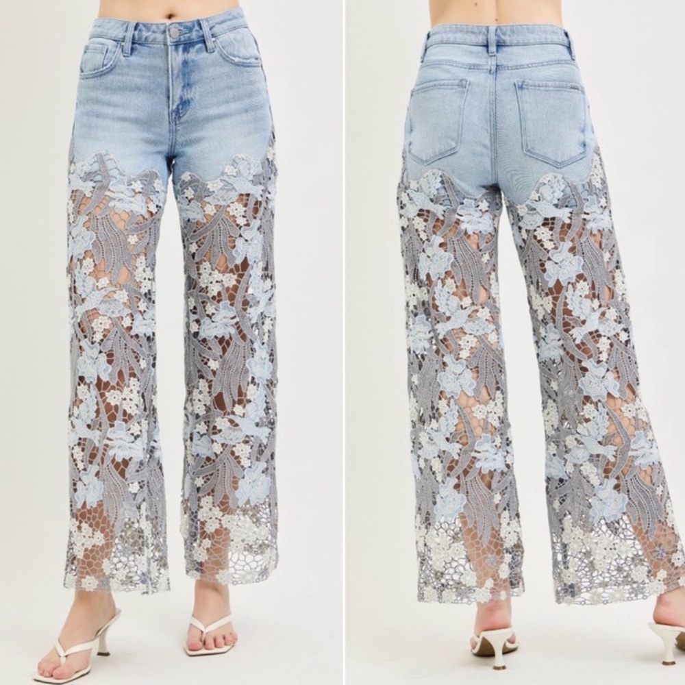 Risen Lace-Panel Light Blue Wide-Leg Women's Jeans - Picture 3 of 3